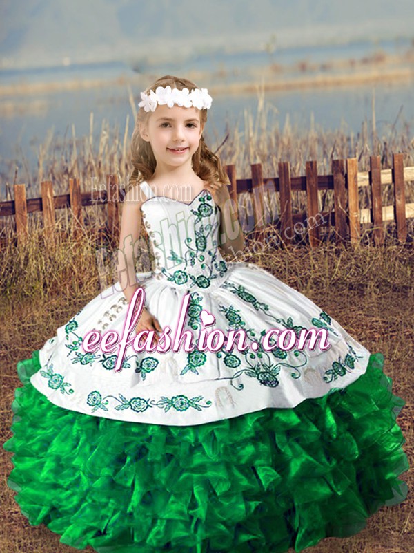 High Class Green Lace Up Child Pageant Dress Embroidery and Ruffles Sleeveless Floor Length