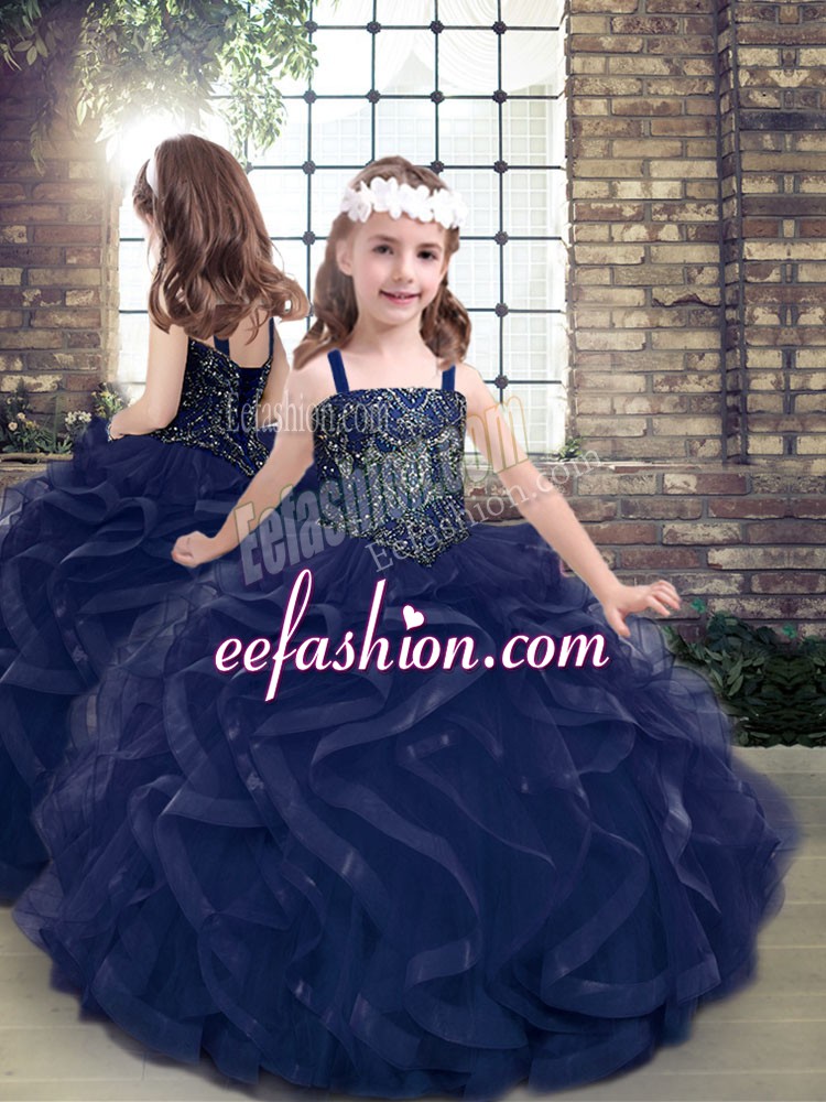  Ball Gowns Pageant Gowns For Girls Navy Blue Straps Tulle Sleeveless Floor Length Lace Up