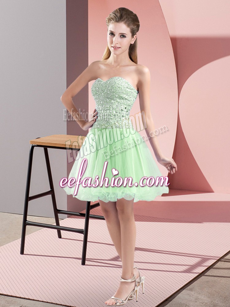 Elegant Apple Green A-line Tulle Sweetheart Sleeveless Beading Mini Length Zipper Prom Evening Gown