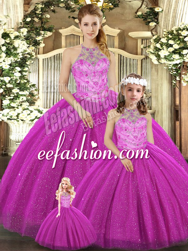  Fuchsia Lace Up Sweet 16 Dress Beading Sleeveless Floor Length