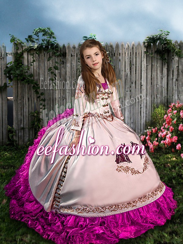  Satin and Organza Sleeveless Pageant Dresses Sweep Train and Embroidery and Ruffles