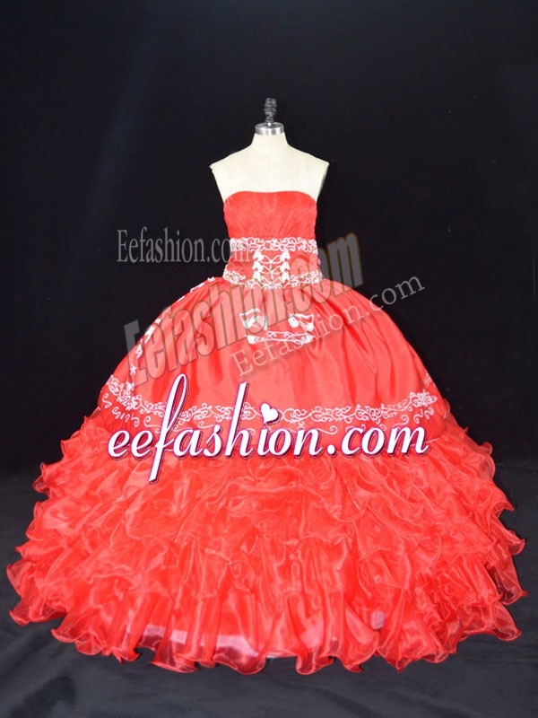 Fantastic Red Ball Gowns Strapless Sleeveless Organza Floor Length Lace Up Embroidery and Ruffles Quinceanera Gown