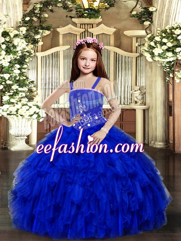 Floor Length Ball Gowns Sleeveless Royal Blue Little Girl Pageant Gowns Lace Up