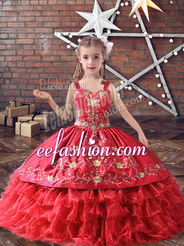  Straps Sleeveless Little Girls Pageant Gowns Floor Length Embroidery and Ruffled Layers Red Satin and Organza