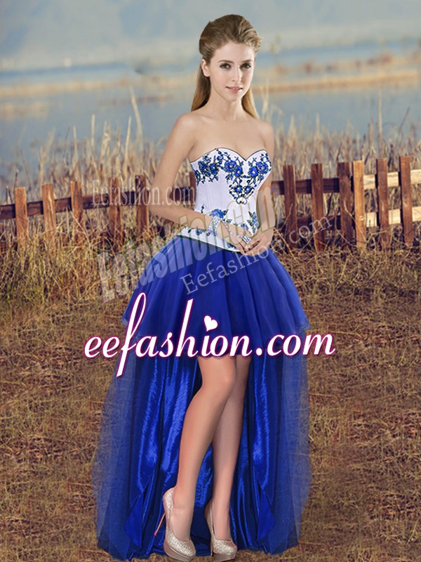Stylish Royal Blue Lace Up Sweetheart Embroidery Homecoming Dress Tulle Sleeveless