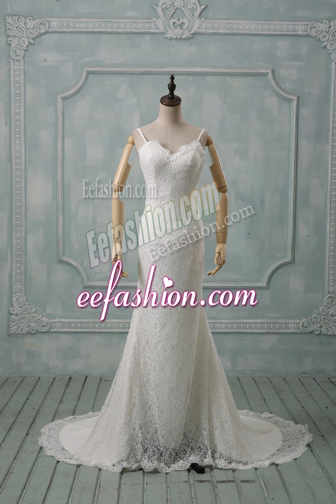 Colorful Sleeveless Lace Brush Train Backless Wedding Gowns in White with Lace