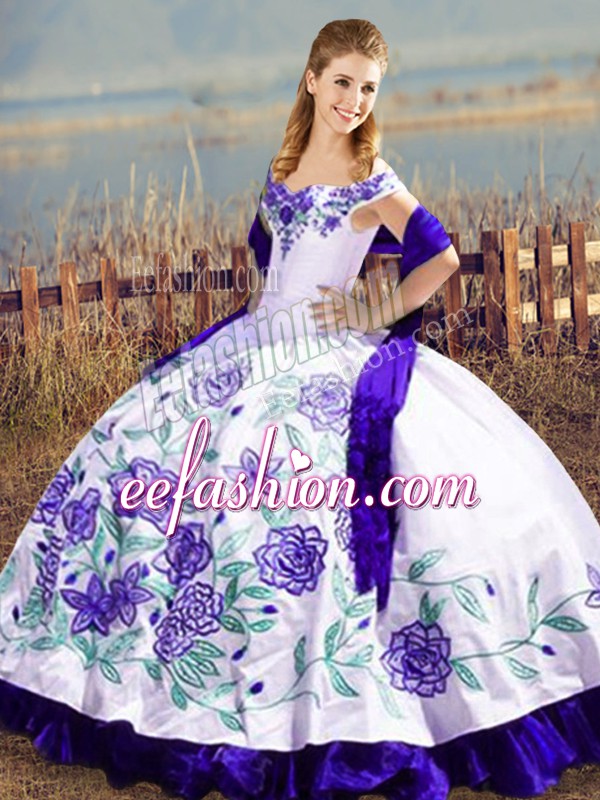 Customized White And Purple Ball Gowns Off The Shoulder Sleeveless Satin and Organza Floor Length Lace Up Embroidery and Ruffles Sweet 16 Dresses