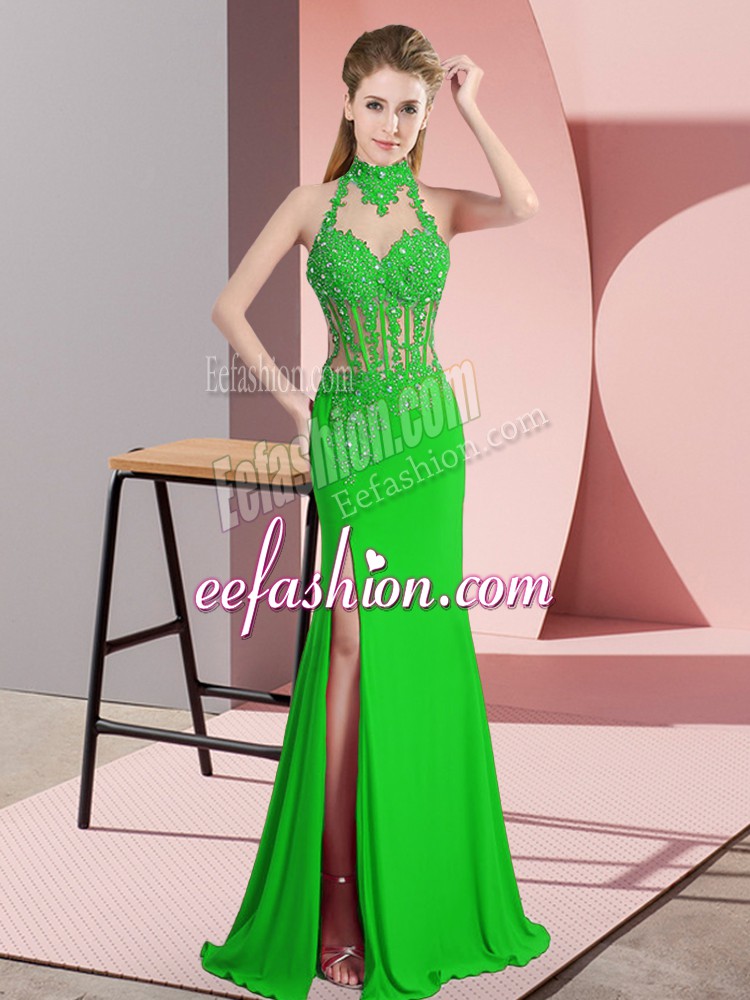  Green Column/Sheath Chiffon Halter Top Sleeveless Lace and Appliques Floor Length Backless Prom Dresses