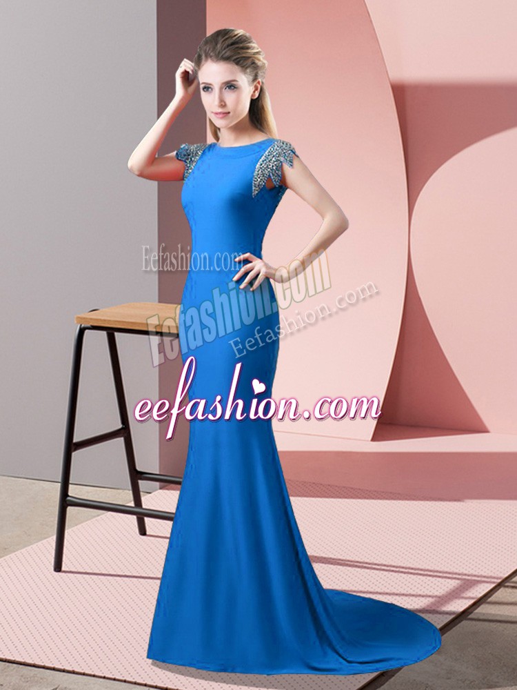 Best Selling Beading Prom Party Dress Blue Backless Short Sleeves Brush Train