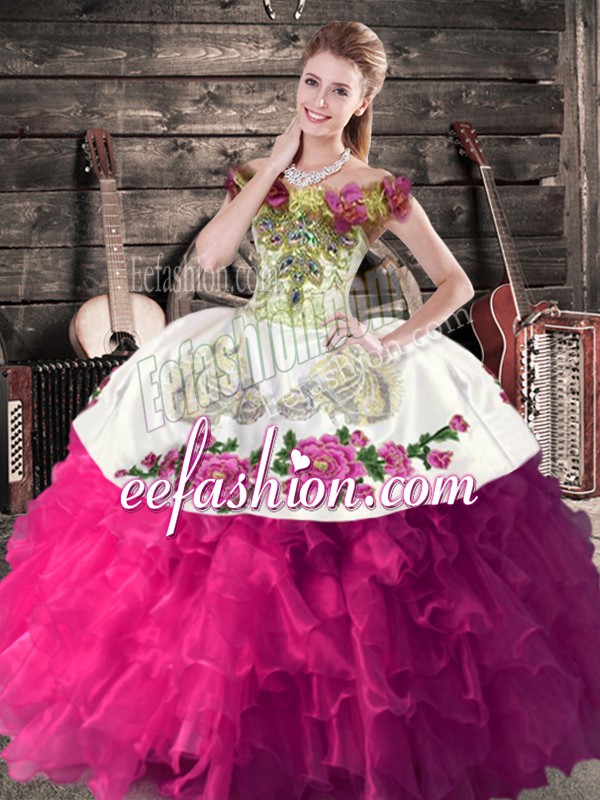 Fitting Floor Length Ball Gowns Sleeveless Fuchsia 15th Birthday Dress Lace Up