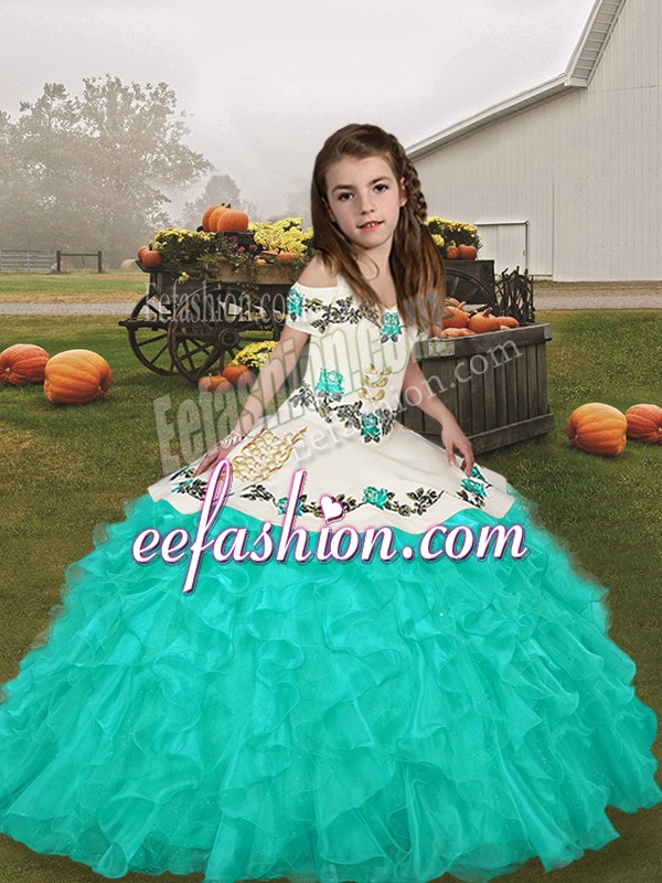  Straps Long Sleeves Lace Up Embroidery and Ruffles High School Pageant Dress in Turquoise