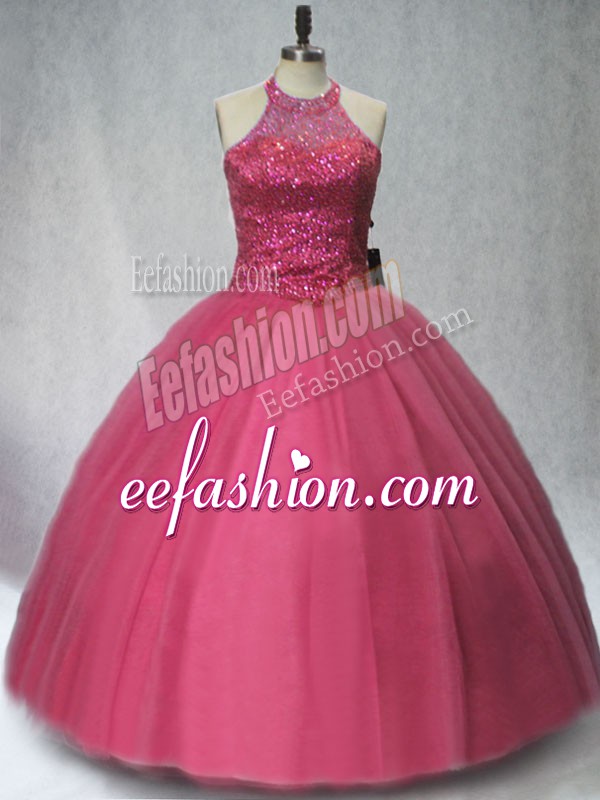  Red Halter Top Neckline Beading Quinceanera Dress Sleeveless Lace Up