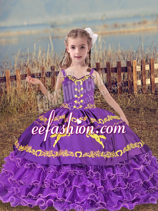 Fashion Organza Sleeveless Floor Length Girls Pageant Dresses and Beading and Embroidery and Ruffled Layers