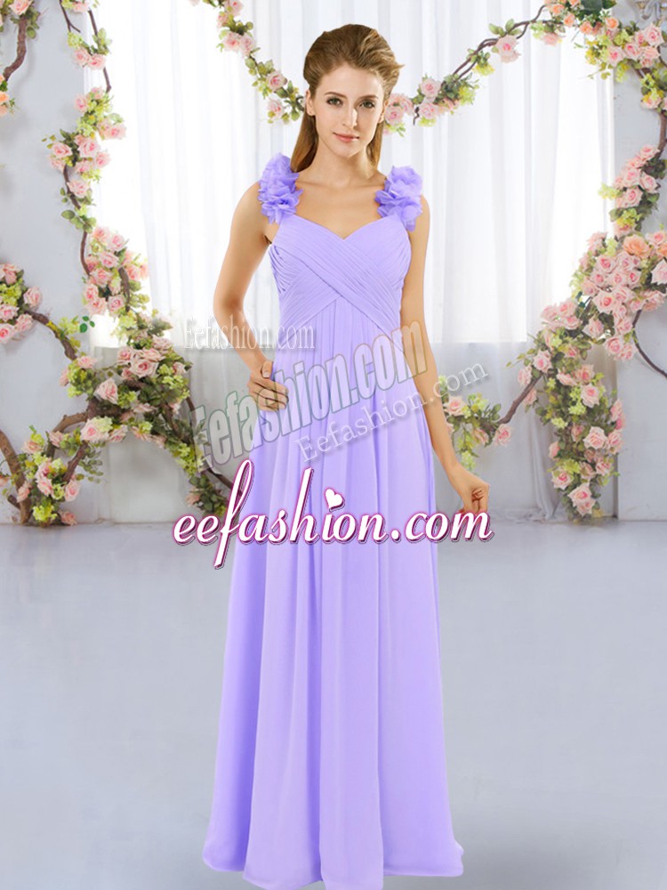  Sleeveless Floor Length Hand Made Flower Lace Up Bridesmaid Dresses with Lavender