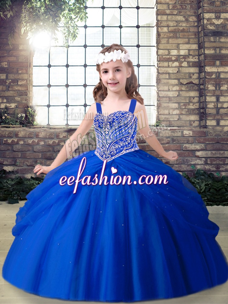 On Sale Royal Blue Sleeveless Floor Length Beading Lace Up Little Girl Pageant Dress