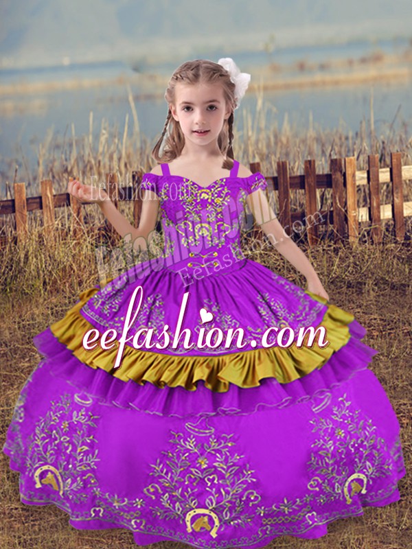 Affordable Ball Gowns Glitz Pageant Dress Purple Off The Shoulder Satin Sleeveless Floor Length Lace Up
