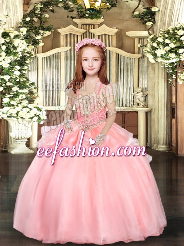  Sleeveless Organza Floor Length Lace Up Little Girls Pageant Dress Wholesale in Pink with Beading and Ruffles