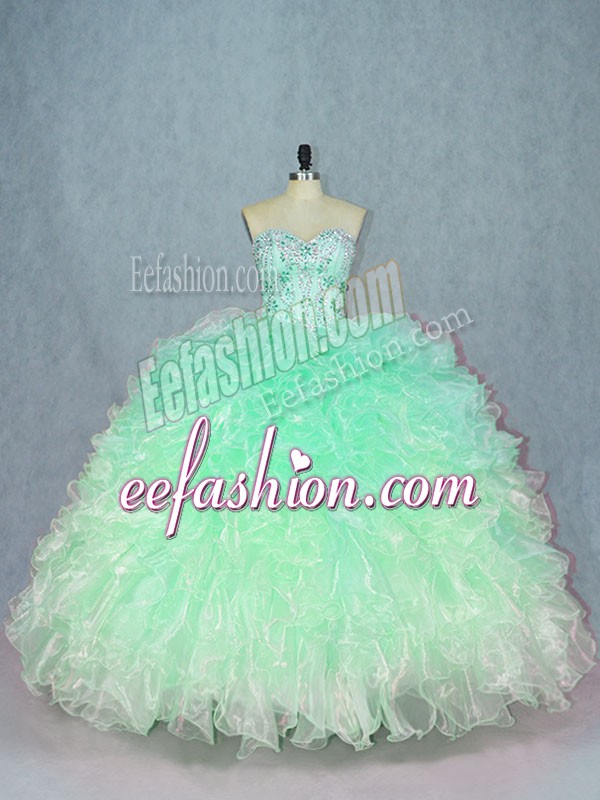 Stunning Teal Ball Gowns Sweetheart Sleeveless Organza Floor Length Lace Up Beading and Ruffles 15th Birthday Dress
