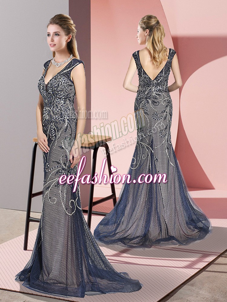 Elegant Sleeveless Tulle Sweep Train Zipper Prom Party Dress in Navy Blue with Beading