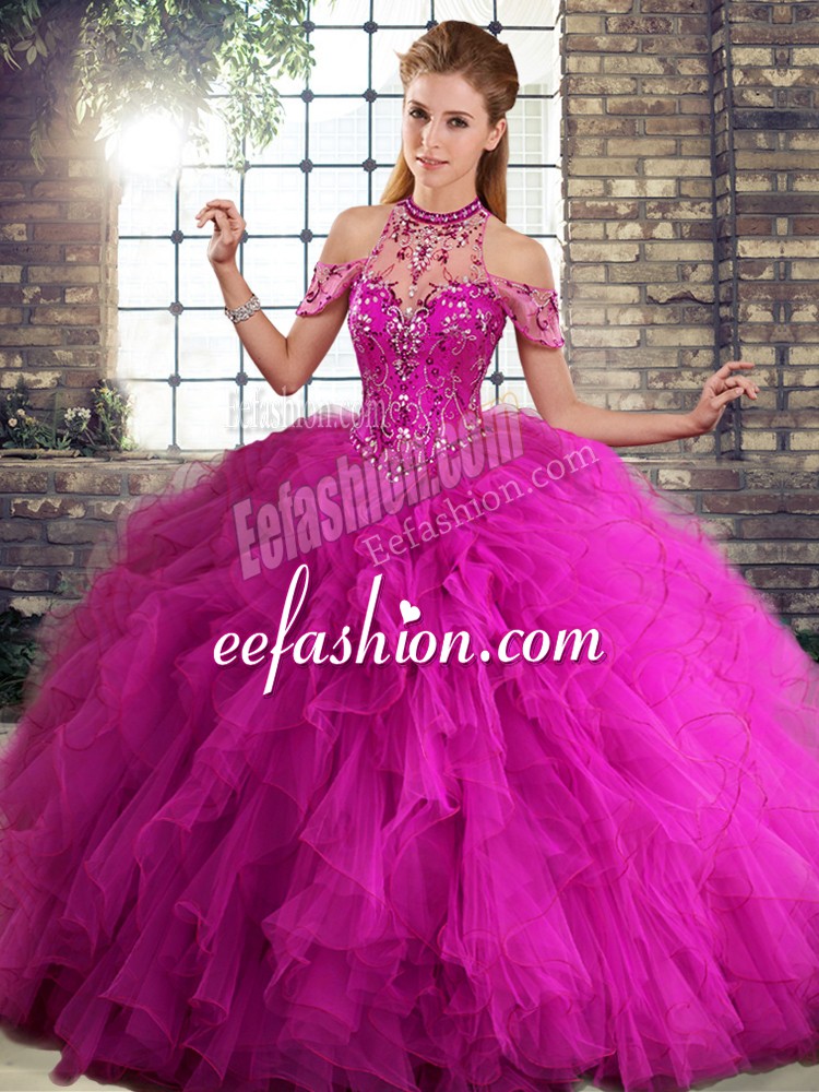Super Ball Gowns Ball Gown Prom Dress Fuchsia Halter Top Tulle Sleeveless Floor Length Lace Up