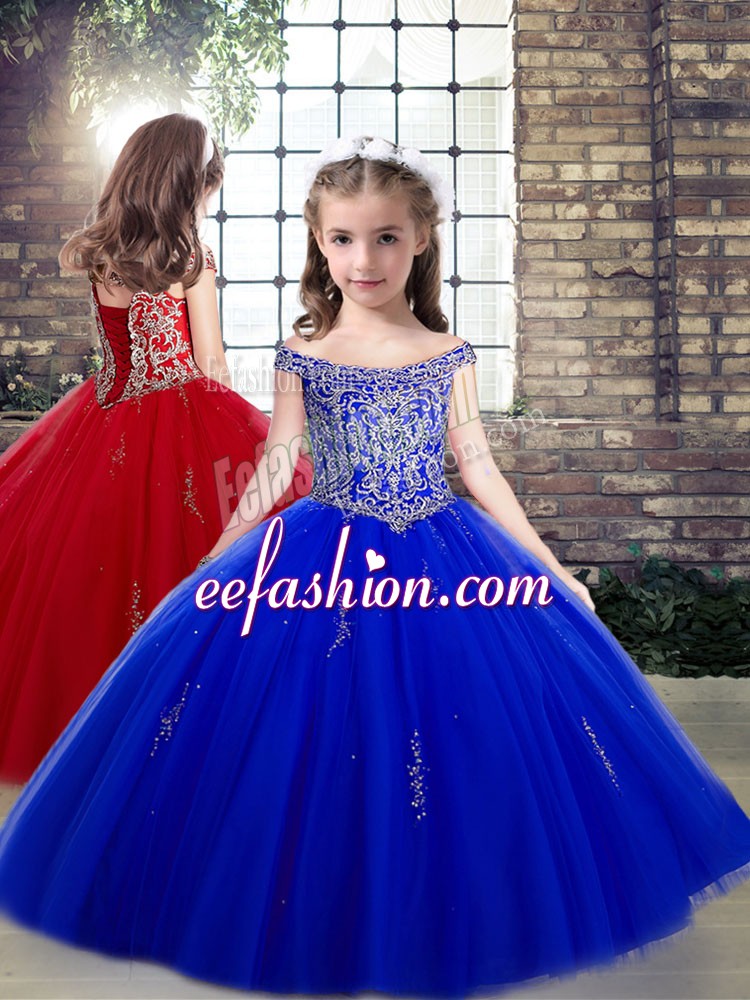  Royal Blue Tulle Off The Shoulder Sleeveless Beading and Appliques Floor Length Lace Up Pageant Gowns For Girls