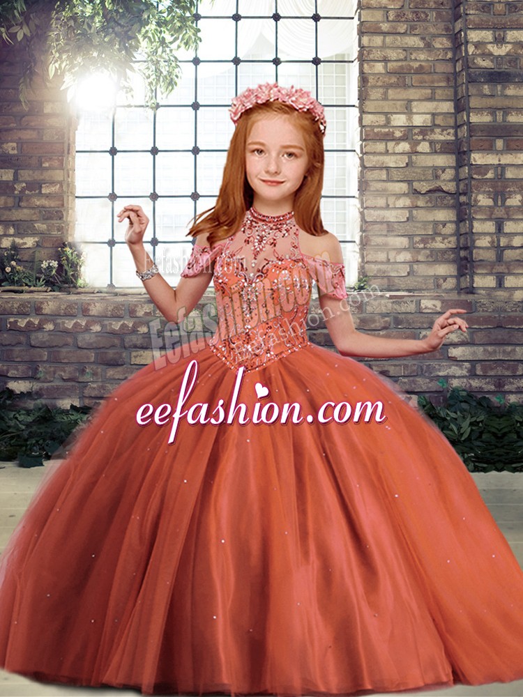  Floor Length Ball Gowns Sleeveless Rust Red Kids Pageant Dress Lace Up