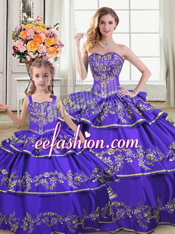 Elegant Purple Ball Gowns Strapless Sleeveless Satin and Organza Floor Length Lace Up Embroidery and Ruffled Layers Ball Gown Prom Dress