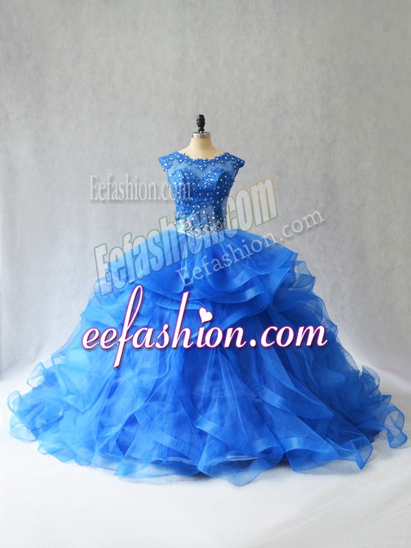 Designer Sleeveless Brush Train Lace Up Beading and Lace Sweet 16 Quinceanera Dress
