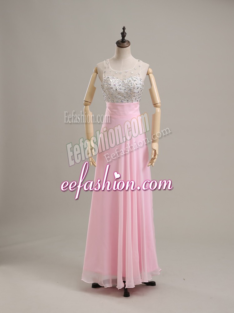 Flirting Floor Length Baby Pink Prom Dresses Chiffon Sleeveless Beading