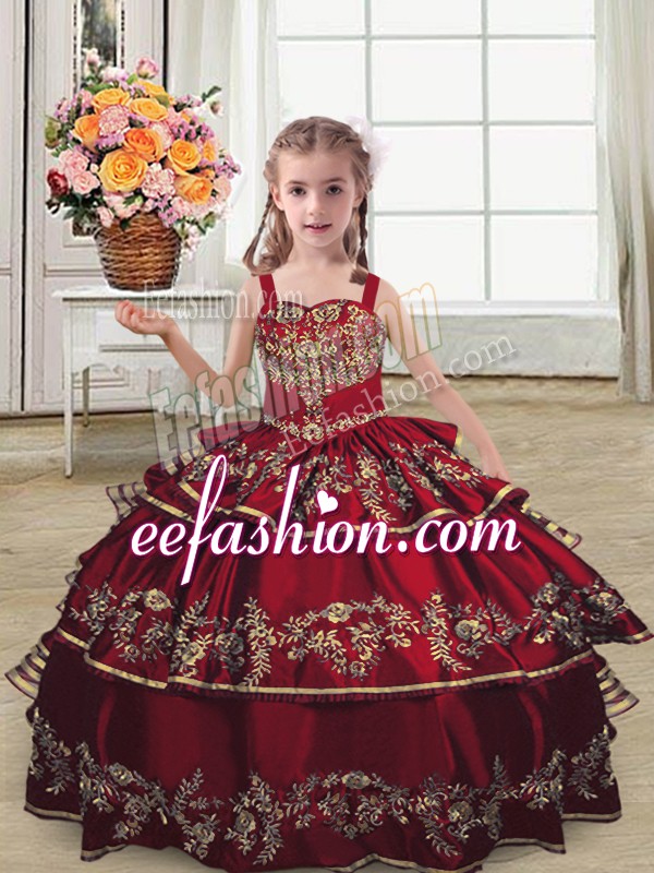  Ball Gowns Little Girl Pageant Dress Burgundy Straps Satin Sleeveless Floor Length Lace Up