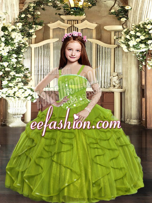  Olive Green Tulle Lace Up Pageant Dress Wholesale Sleeveless Floor Length Beading and Ruffles