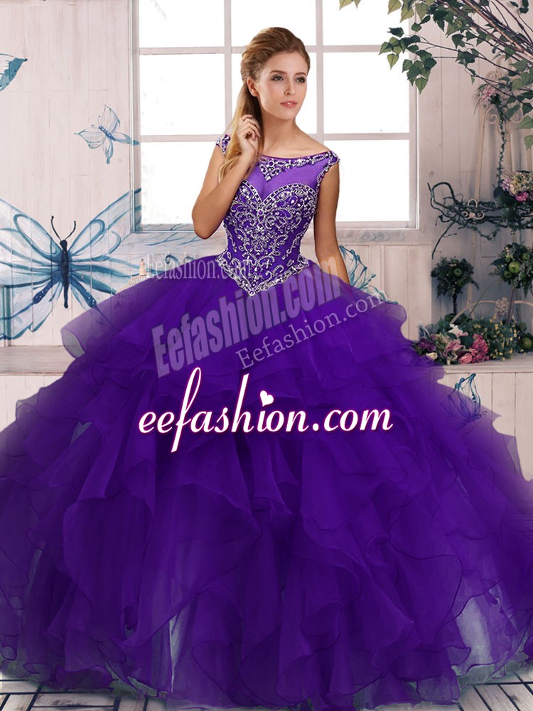  Purple Ball Gowns Organza Scoop Sleeveless Beading and Ruffles Floor Length Zipper Sweet 16 Quinceanera Dress