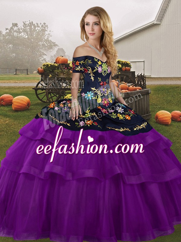 Eye-catching Black And Purple Sleeveless Tulle Brush Train Lace Up Sweet 16 Dresses for Military Ball and Sweet 16 and Quinceanera