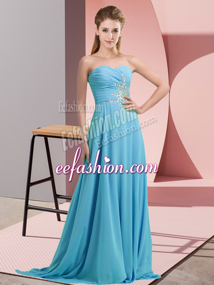 Traditional Chiffon Sweetheart Sleeveless Lace Up Beading Prom Gown in Aqua Blue