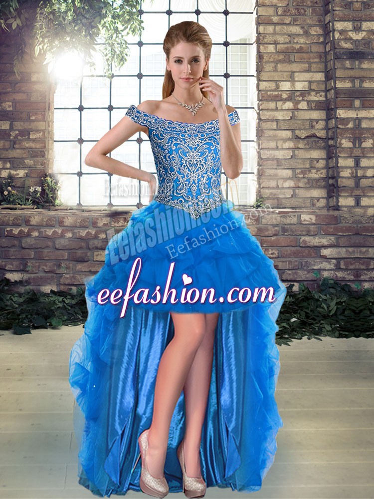 Chic Blue Sleeveless Beading and Pick Ups High Low Prom Dress
