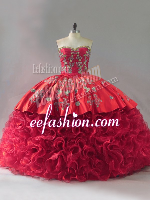 Cute Red Lace Up Ball Gown Prom Dress Embroidery Sleeveless Brush Train