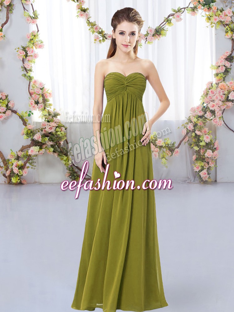 Most Popular Olive Green Zipper Dama Dress Ruching Sleeveless Floor Length