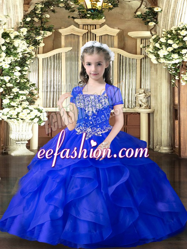 Adorable Royal Blue Ball Gowns Beading and Ruffles Little Girls Pageant Gowns Lace Up Tulle Sleeveless Floor Length