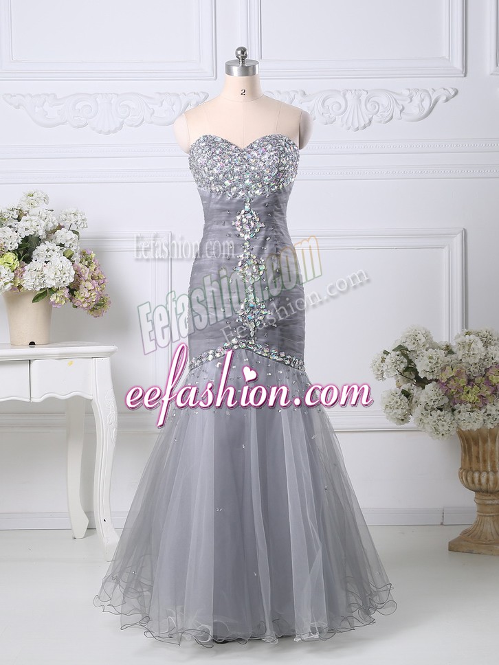 Fantastic Sleeveless Tulle Floor Length Zipper in Grey with Beading and Ruching