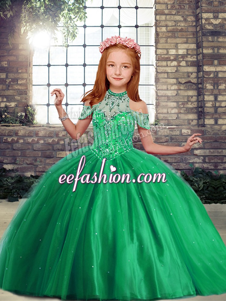  Green Tulle Lace Up Kids Pageant Dress Sleeveless Floor Length Beading