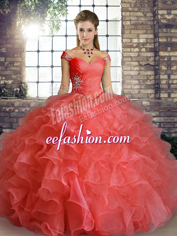 Artistic Beading and Ruffles Vestidos de Quinceanera Watermelon Red Lace Up Sleeveless Floor Length
