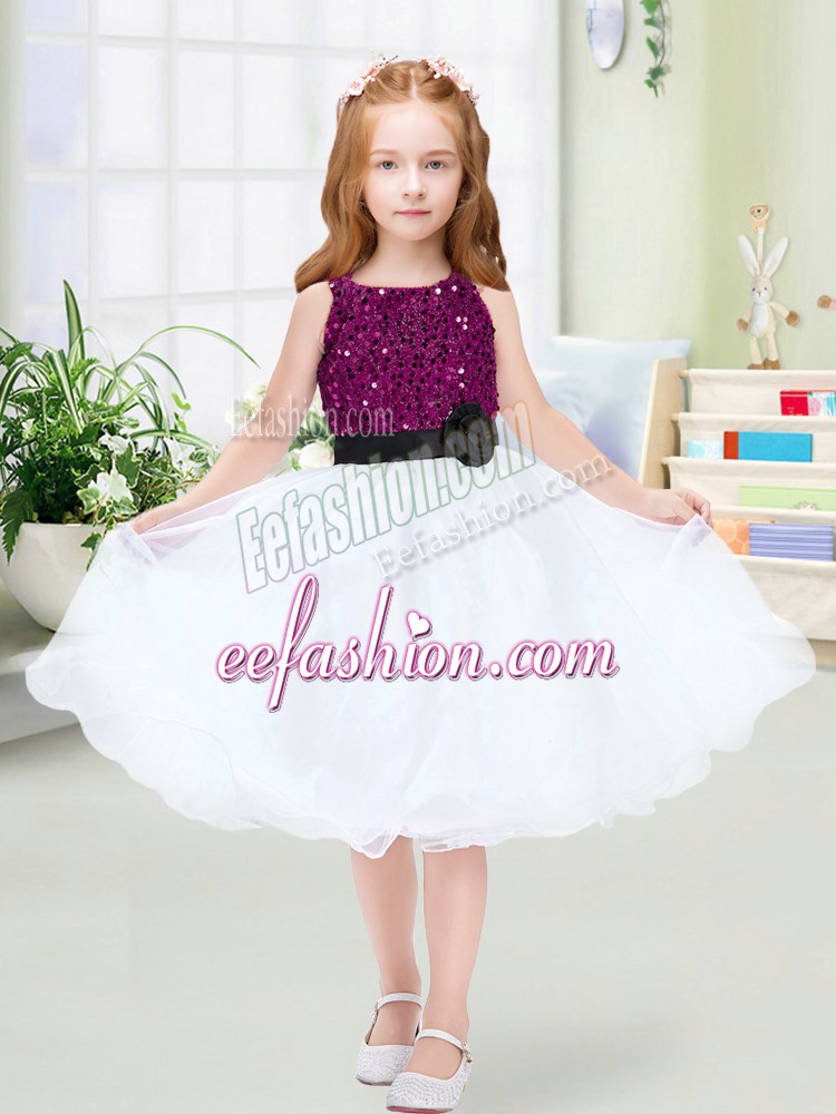  Sleeveless Knee Length Sequins and Hand Made Flower Zipper Flower Girl Dresses with White