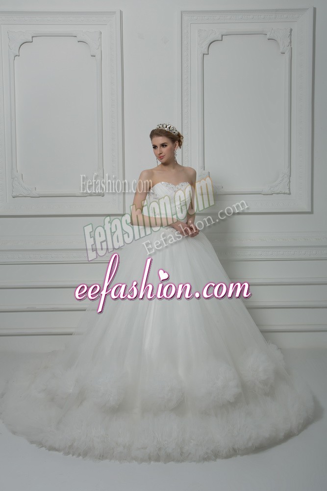  White Sleeveless Beading and Hand Made Flower Lace Up Wedding Gowns