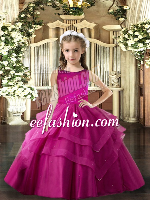  Fuchsia Tulle Lace Up Kids Formal Wear Sleeveless Floor Length Ruffled Layers