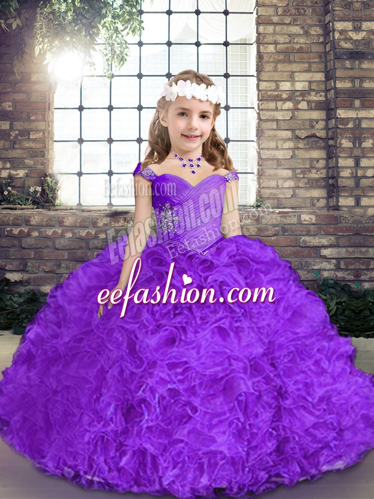  Purple Ball Gowns Fabric With Rolling Flowers Straps Sleeveless Beading Floor Length Lace Up Kids Formal Wear