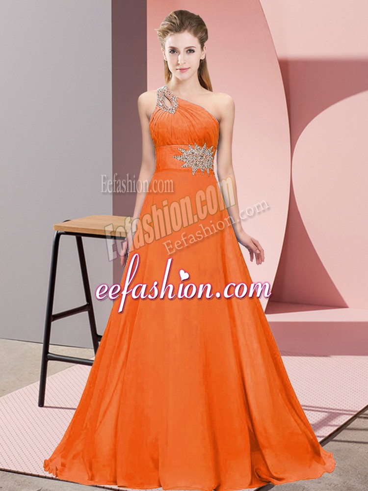  Orange Red Empire One Shoulder Sleeveless Chiffon Brush Train Lace Up Beading and Ruching Prom Dresses