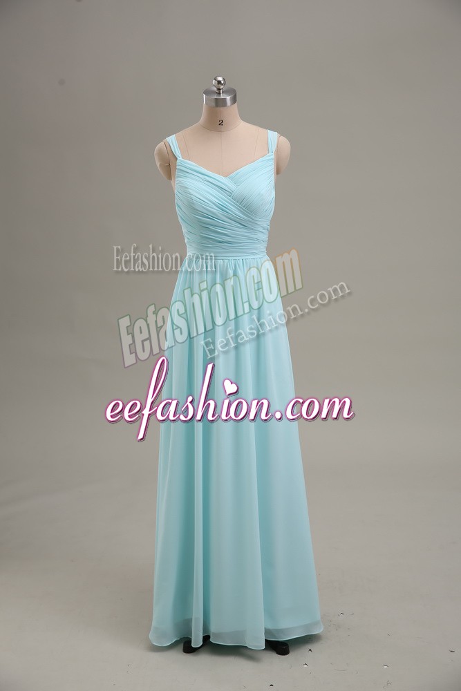 Customized Blue Zipper Prom Dress Ruching Sleeveless Floor Length