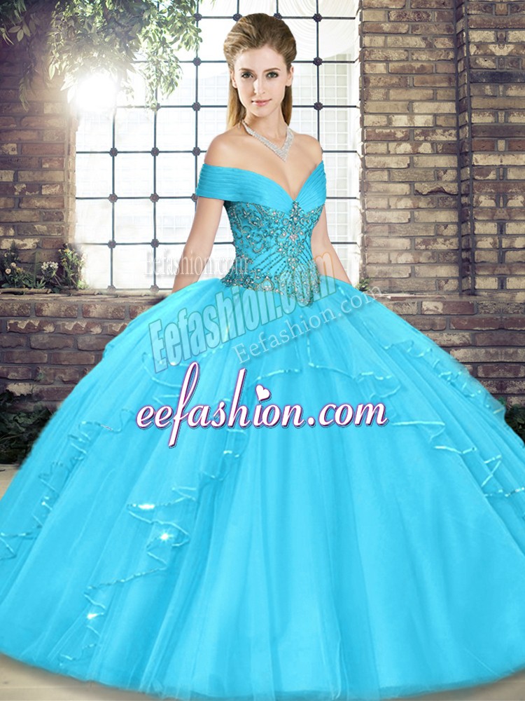 Floor Length Lace Up Quinceanera Dresses Aqua Blue for Military Ball and Sweet 16 and Quinceanera with Beading and Ruffles