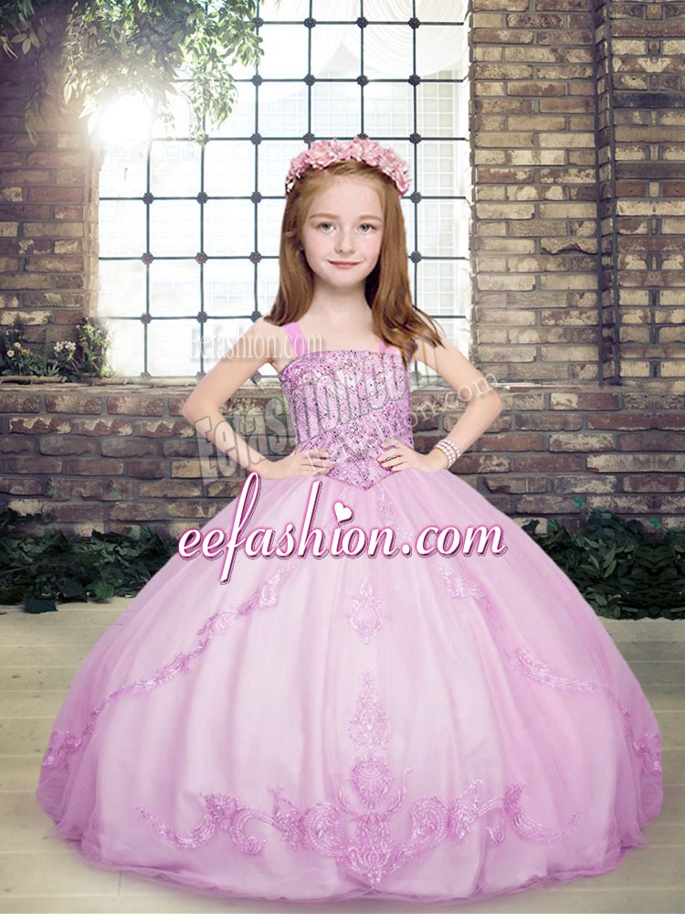 Custom Made Floor Length Lace Up Little Girls Pageant Dress Lilac for Party and Military Ball and Wedding Party with Beading