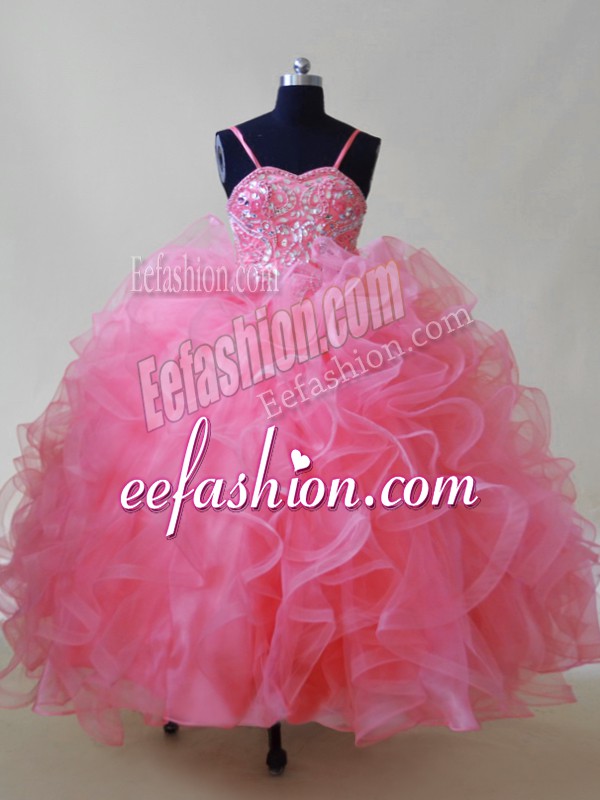 Simple Pink Kids Pageant Dress Wedding Party with Beading and Ruffles Spaghetti Straps Sleeveless Lace Up